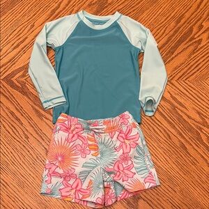 Blue and Pink Rashguard Swim Set with Floral Shorts